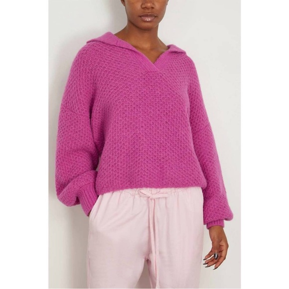 XiRENA Ally Sweater Roselle Pink XS Baby Alpaca NWT Knit V-Neck Balloon Sleeve - Picture 1 of 15